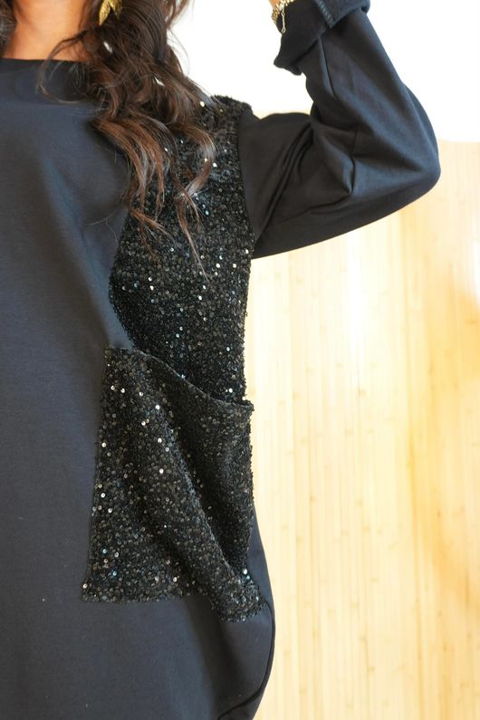 Oscar Maya Sequin Panel Cocoon Tunic Black